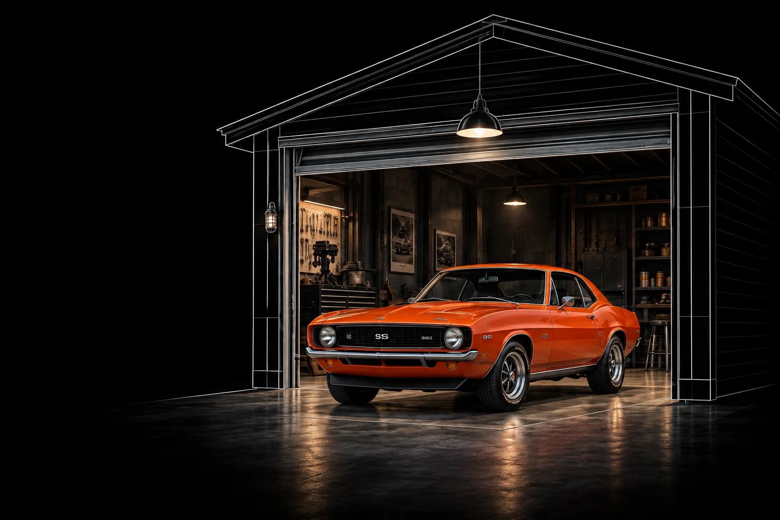 An orange classic Camaro in a garage outlined in architectural linework